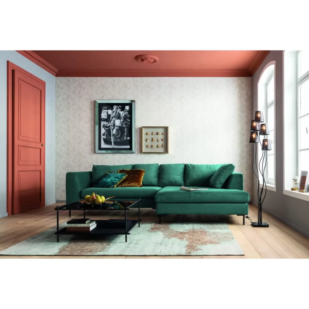 Ecksofa Gianni Velvet Dunkelgrun Rechts Schwarz